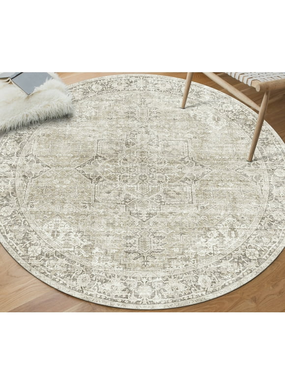 ReaLife Machine Washable Rug - Stain Resistant, Non-Shed - Eco-Friendly, Non-Slip, Family & Pet Friendly - Made from Premium Recycled Fibers - Vintage Distressed Traditional - Beige Ivory- 4' Round