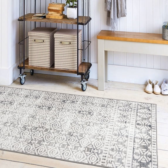 ReaLife Machine Washable Rug - Stain Resistant, Non-Shed - Eco-Friendly, Non-Slip, Family & Pet Friendly - Premium Recycled Fibers - Luna Distressed Tribal Stripe - Light Gray Ivory, 2'6" x 6'