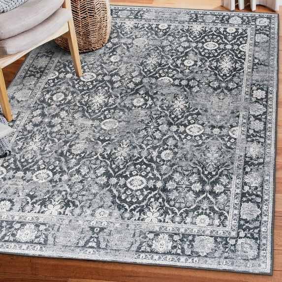 ReaLife Machine Washable Rug - Stain Resistant, Non-Shed - Eco-Friendly, Padded, Family & Pet Friendly - Premium Recycled Fibers -Vintage Distressed Trellis -Charcoal, Dark Gray, Ivory, 7'6" x 9'6"