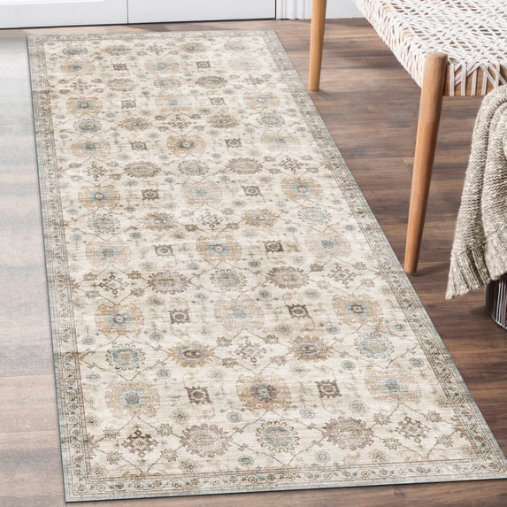 ReaLife Machine Washable Rug - Stain Resistant, Non-Shed - Eco-Friendly, Padded, Family & Pet Friendly - Made from Premium Recycled Fibers - Bryn Vintage Distressed - Ivory BG Seafoam - 2'6" x 6'