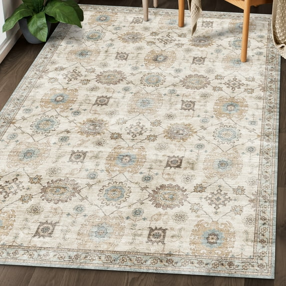 ReaLife Machine Washable Rug - Stain Resistant, Non-Shed - Eco-Friendly, Padded, Family & Pet Friendly - Made from Premium Recycled Fibers - Bryn Vintage Distressed - Ivory Beige Seafoam - 5' x 7'