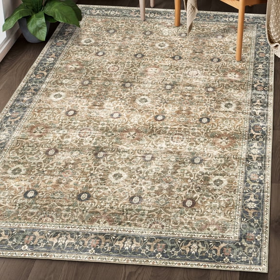 ReaLife Machine Washable Rug - Stain Resistant, Non-Shed - Eco-Friendly, Padded, Family & Pet Friendly - Made from Premium Recycled Fibers - Dua Border Distressed Brown Gray Beige - 4' x 6'