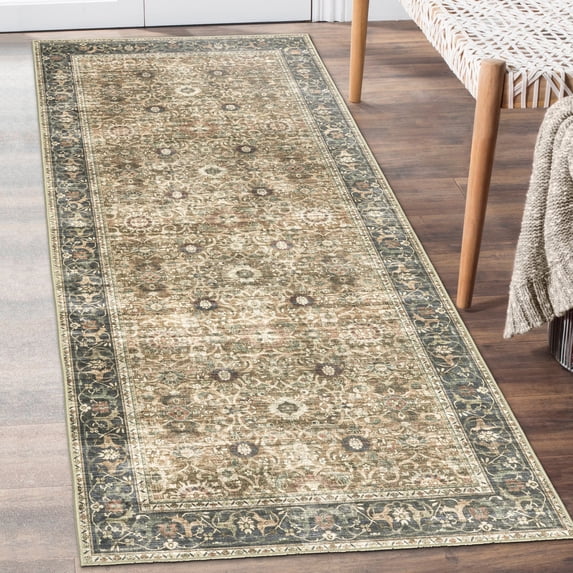 ReaLife Machine Washable Rug - Stain Resistant, Non-Shed - Eco-Friendly, Padded, Family & Pet Friendly - Made from Premium Recycled Fibers - Dua Border Distressed Brown Gray Beige - 2'6" x 6'