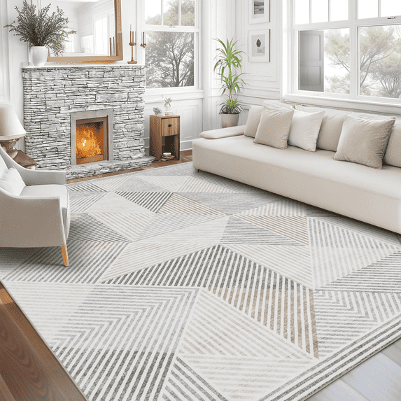 ReaLife Rugs Machine Washable Area Rug Runner - Living Room Bedroom Bathroom Kitchen Entryway Office - Padded Low Pile Stain Resistant Premium - Modern Geometric Contemporary - Miles - Beige 3' x 5'