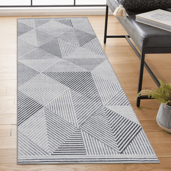 ReaLife Rugs Machine Washable Area Rug Runner - Living Room Bedroom Bathroom Kitchen Entryway Office - Padded Low Pile Stain Resistant Premium - Modern Geometric Contemporary - Miles - Gray 2'6" x 6'