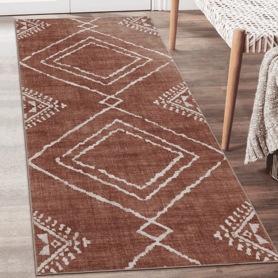 ReaLife Rugs Machine Washable Area Rug Runner - Living Room Bedroom Bathroom Kitchen Entryway Office - Padded Low Pile Stain Resistant Premium - Moroccan Diamond Tribal - Jax - Orange 2'6" x 6'