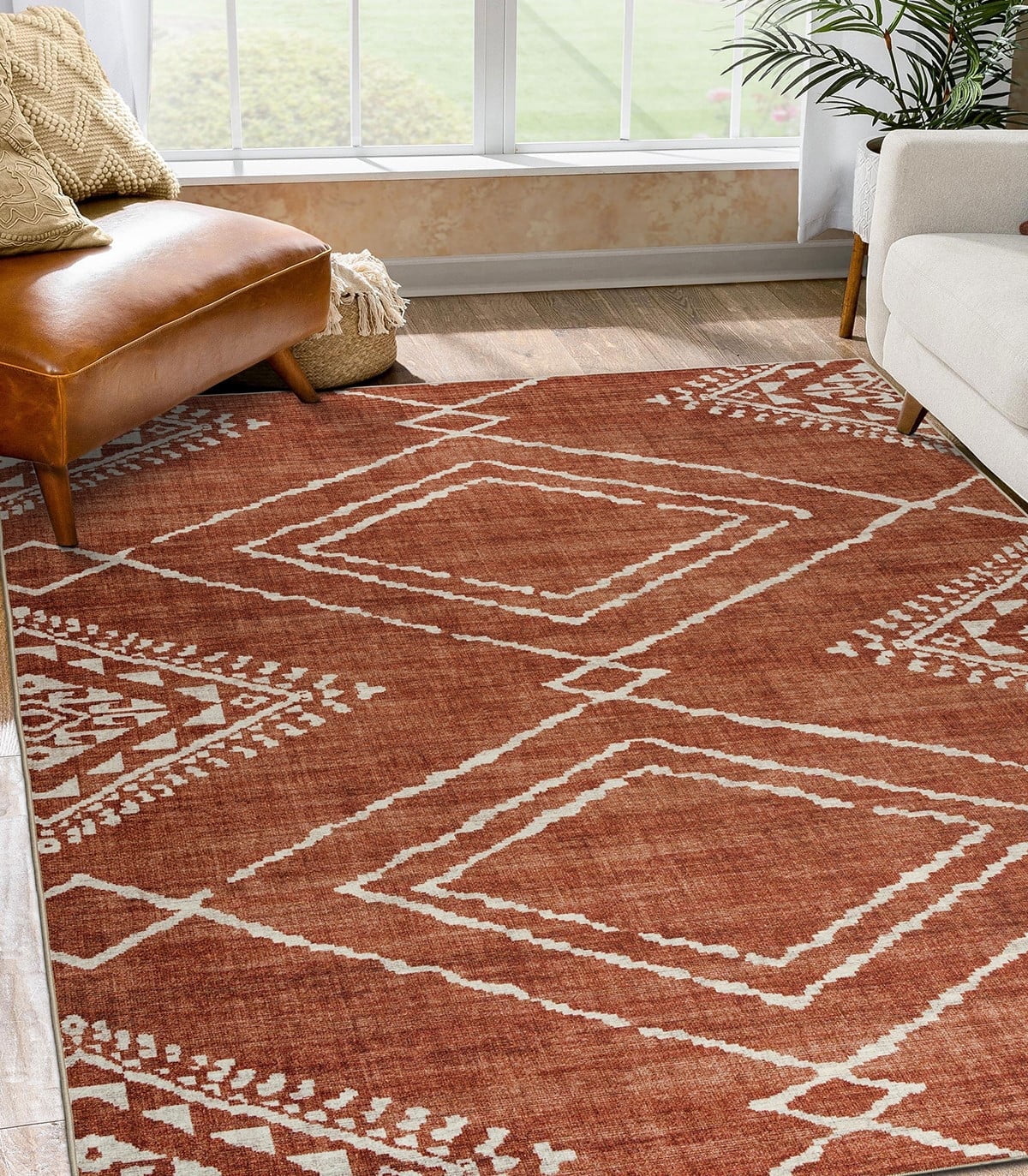 ReaLife Rugs Machine Washable Area Rug Runner - Living Room Bedroom Bathroom Kitchen Entryway Office - Padded Low Pile Stain Resistant Premium - Moroccan Diamond Tribal - Jax - Orange 3' x 5'