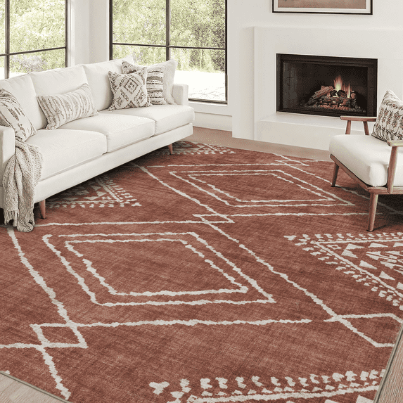 ReaLife Rugs Machine Washable Area Rug - Living Room Bedroom Bathroom Kitchen Entryway Office - Padded Low Pile Stain Resistant Premium - Moroccan Diamond Tribal - Jax - Orange 4' x 6'