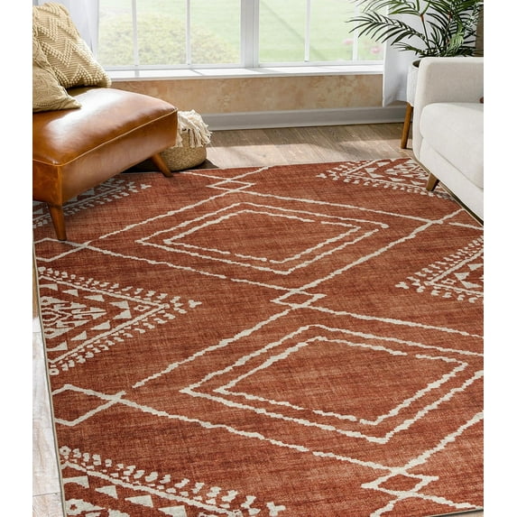 ReaLife Rugs Machine Washable Area Rug - Living Room Bedroom Bathroom Kitchen Entryway Office - Padded Low Pile Stain Resistant Premium - Moroccan Diamond Tribal - Jax - Orange 5' x 7'