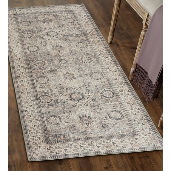 ReaLife Machine Washable Rug - Stain Resistant, Non-Shed - Eco-Friendly, Padded, Family & Pet Friendly - Made from Premium Recycled Fibers - Paz Border Distressed Beige Gray Ivory - 2'6" x 10'
