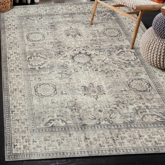 ReaLife Machine Washable Rug - Stain Resistant, Non-Shed - Eco-Friendly, Padded, Family & Pet Friendly - Made from Premium Recycled Fibers - Paz Border Distressed Beige Gray Ivory - 3' x 5'