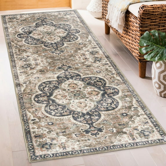 ReaLife Machine Washable Rug - Stain Resistant, Non-Shed - Eco-Friendly, Padded, Family & Pet Friendly - Made from Premium Recycled Fibers - Vintage Bohemian Medallion Brown Beige Ivory - 2'6" x 6'