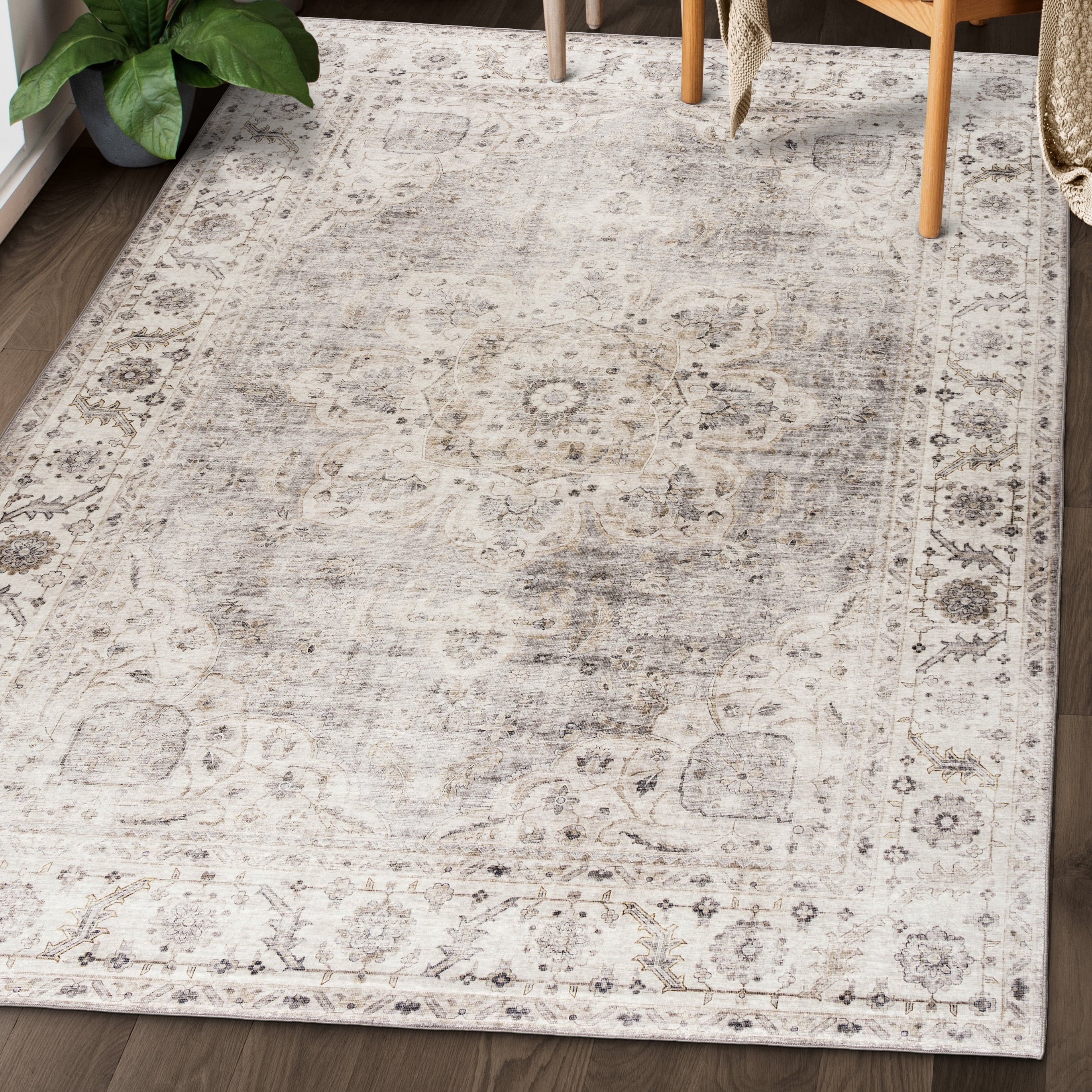 ReaLife Machine Washable Rug - Stain Resistant, Non-Shed - Eco-Friendly, Padded, Family & Pet Friendly - Made from Premium Recycled Fibers - Vintage Bohemian Medallion - Beige Ivory, 7'6" x 9'6"