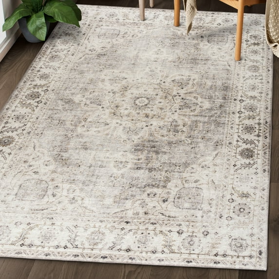 ReaLife Machine Washable Rug - Stain Resistant, Non-Shed - Eco-Friendly, Padded, Family & Pet Friendly - Made from Premium Recycled Fibers - Vintage Bohemian Medallion Beige Ivory - 6' x 8'