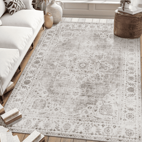 ReaLife Machine Washable Rug - Stain Resistant, Non-Shed - Eco-Friendly, Padded, Family & Pet Friendly - Made from Premium Recycled Fibers - Vintage Bohemian Medallion - Beige Ivory, 3' x 5'