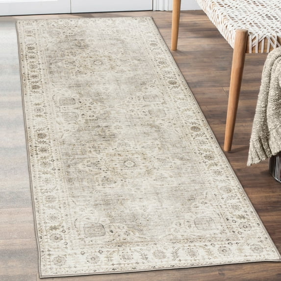 ReaLife Machine Washable Rug - Stain Resistant, Non-Shed - Eco-Friendly, Padded, Family & Pet Friendly - Made from Premium Recycled Fibers - Vintage Bohemian Medallion - Beige Ivory, 2'6" x 8'