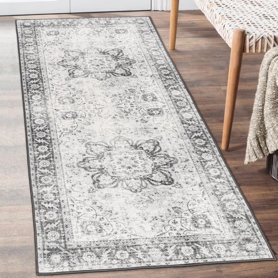 ReaLife Machine Washable Rug - Stain Resistant, Non-Shed - Eco-Friendly, Padded, Family & Pet Friendly - Made from Premium Recycled Fibers - Vintage Bohemian Medallion - Gray, 2'6" x 6'