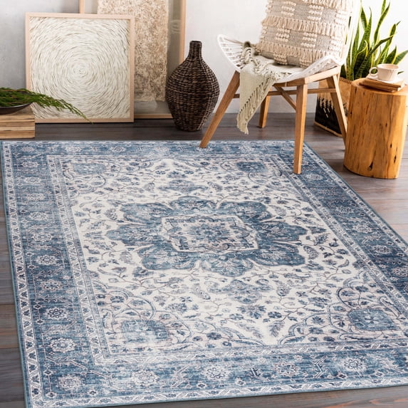 ReaLife Machine Washable Rug - Stain Resistant, Non-Shed - Eco-Friendly, Padded, Family & Pet Friendly - Made from Premium Recycled Fibers - Vintage Bohemian Medallion - Blue Ivory, 3' x 5'
