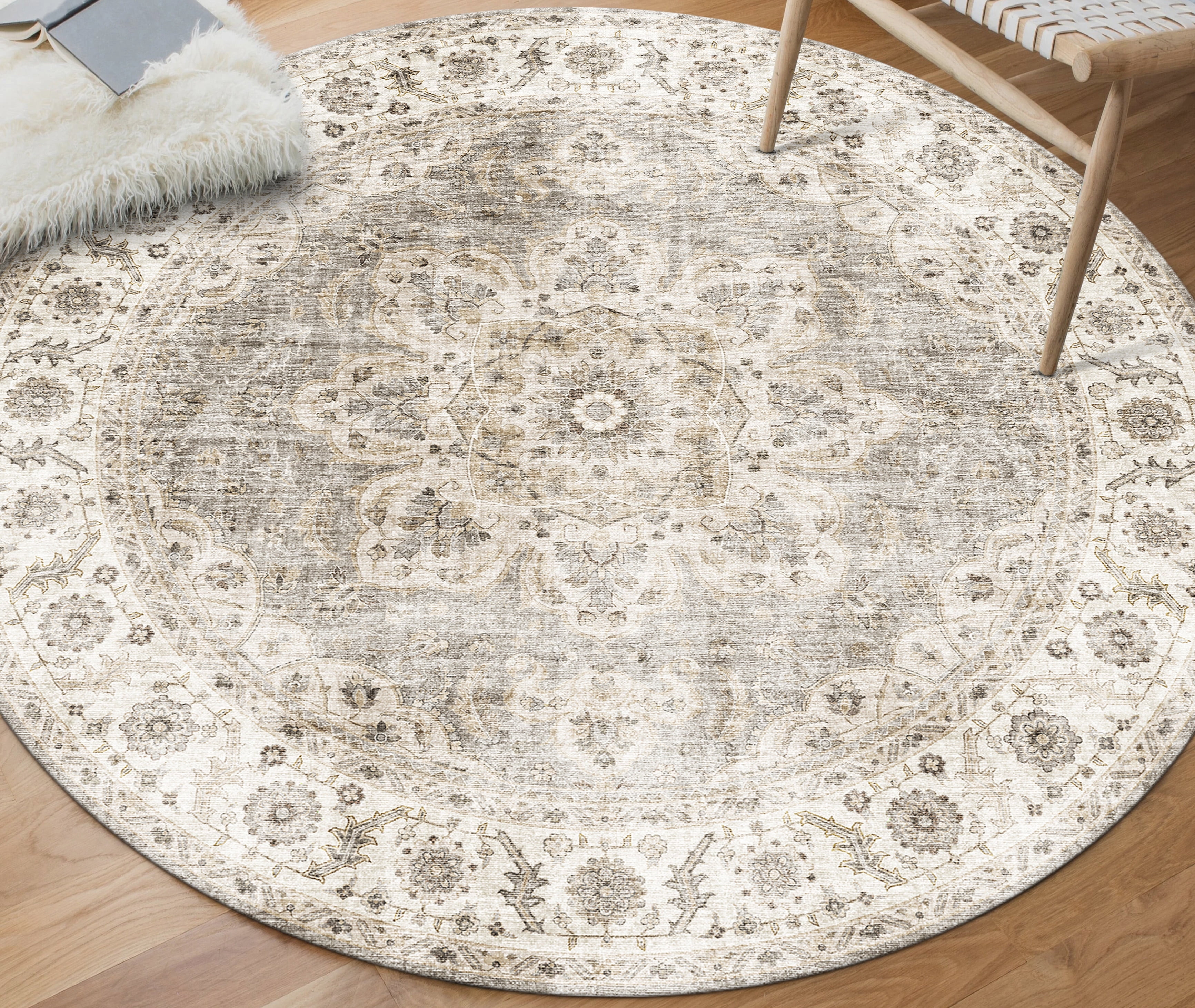 Beige Ivory Round Medallion Flat Woven Synthetic Rug