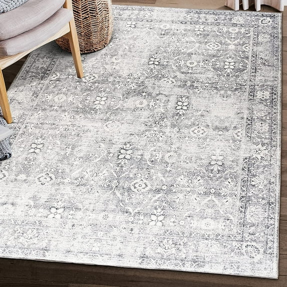 ReaLife Machine Washable Rug - Stain Resistant, Non-Shed - Eco-Friendly, Padded, Family & Pet Friendly - Made from Premium Recycled Fibers - Vintage Distressed Trellis - Silver Ivory, 5' x 7'