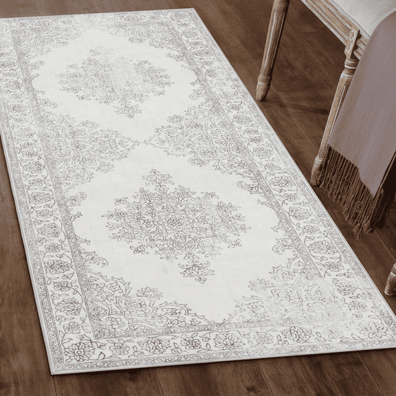 ReaLife Machine Washable Rug - Stain Resistant, Non-Shed - Eco-Friendly, Padded, Family & Pet Friendly - Premium Recycled Fibers - Distressed Boho Medallion - Ivory, 2'6" x 6'