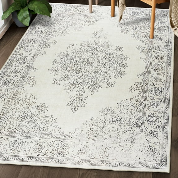 ReaLife Machine Washable Rug - Stain Resistant, Non-Shed - Eco-Friendly, Padded, Family & Pet Friendly - Premium Recycled Fibers -Distressed Boho Medallion - Ivory, 7'6" x 9'6"