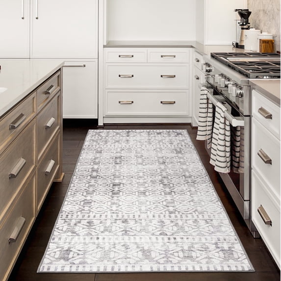 ReaLife Machine Washable Rug - Stain Resistant, Non-Shed - Eco-Friendly, Padded, Family & Pet Friendly - Premium Recycled Fibers - Luna Distressed Tribal Stripe - Light Gray Ivory, 2'6" x 8'