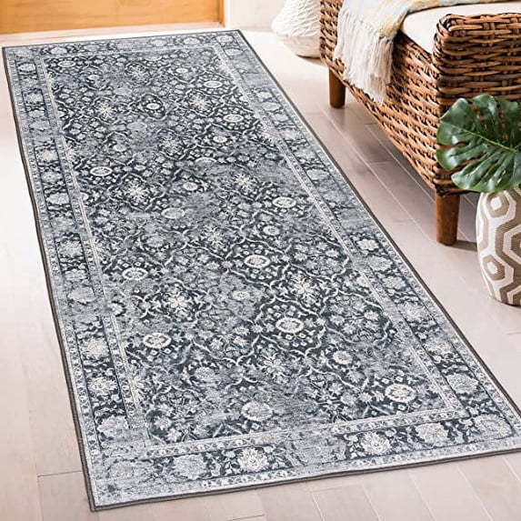 ReaLife Machine Washable Rug - Stain Resistant, Non-Shed - Eco-Friendly, Padded, Family & Pet Friendly - Premium Recycled Fibers - Vintage Distressed Trellis - Charcoal, Dark Gray, Ivory, 2'6" x 6'