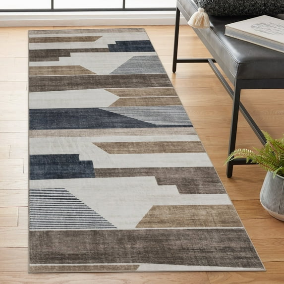 ReaLife Rugs Machine Washable Area Rug Runner - Living Room Bedroom Bathroom Kitchen Entryway Office - Padded Low Pile Stain Resistant Premium - Modern Geometric - Theo - Beige 2'6" x 8'