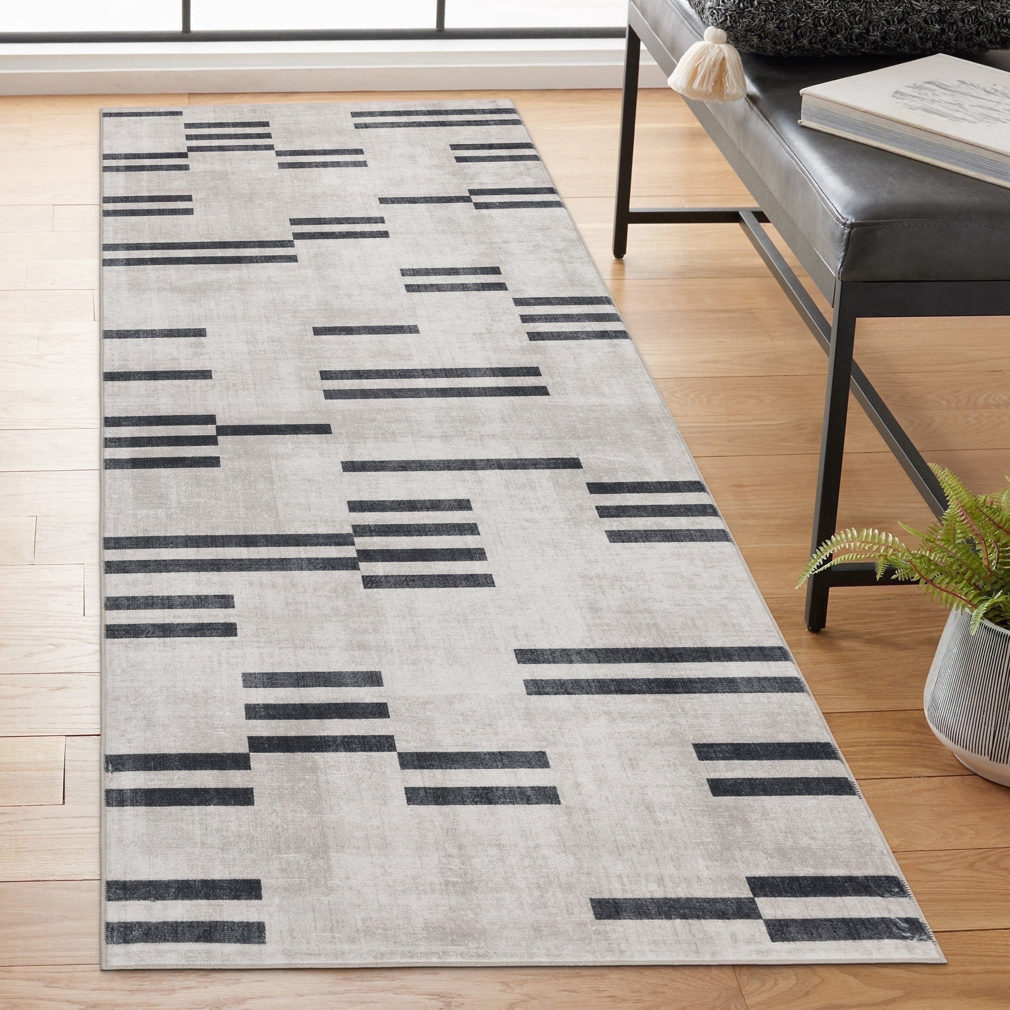 ReaLife Rugs Machine Washable Area Rug Runner - Living Room Bedroom Bathroom Kitchen Entryway Office - Padded Low Pile Stain Resistant Premium - Modern Geometric - Loki - Beige & Black 2'6" x 8'