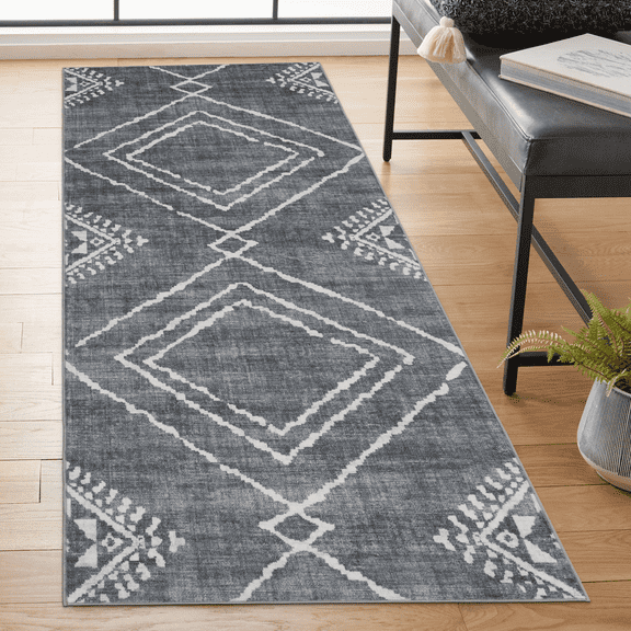 ReaLife Rugs Machine Washable Area Rug Runner - Living Room Bedroom Bathroom Kitchen Entryway Office - Padded Low Pile Stain Resistant Premium - Moroccan Diamond Tribal - Jax - Gray 2'6" x 6'
