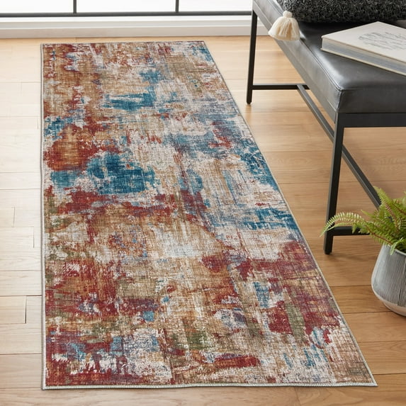 ReaLife Rugs Machine Washable Area Rug Runner - Living Room Bedroom Bathroom Kitchen Entryway Office - Padded Low Pile Stain Resistant Premium - Modern Abstract Colorful - ASA - Red Blue 2'6" x 8'