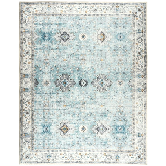 ReaLife Rugs Machine Washable Printed Distressed Boho Border Blue Ivory Eco-friendly Recycled Fiber Area Runner Rug (5' x 7')