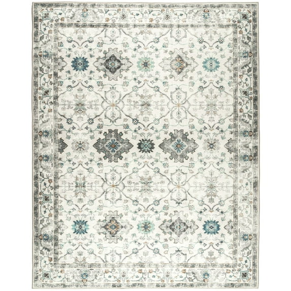 ReaLife Rugs Machine Washable Printed Distressed Boho Border Ivory Gray Eco-friendly Recycled Fiber Area Runner Rug (3' x 5')