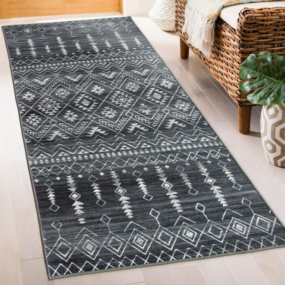 ReaLife Rugs Machine Washable Printed Moroccan Charcoal Eco-friendly Recycled Fiber Area Runner Rug (2'6" x 8')