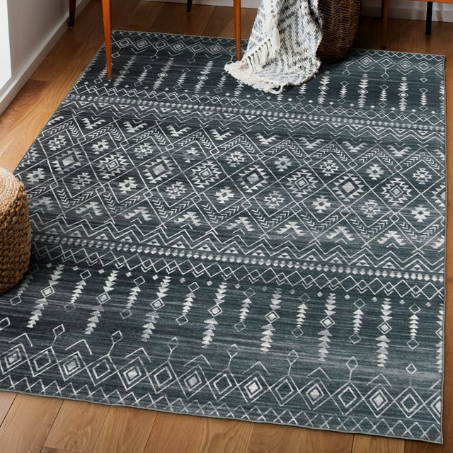 ReaLife Rugs Machine Washable Printed Moroccan Charcoal Ecofriendly Recycled Fiber Area Runner