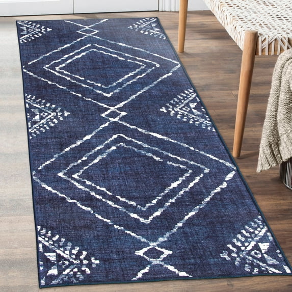 ReaLife Rugs Machine Washable Printed Moroccan Diamond Blue Eco-friendly Recycled Fiber Area Runner Rug (2'6" x 8')