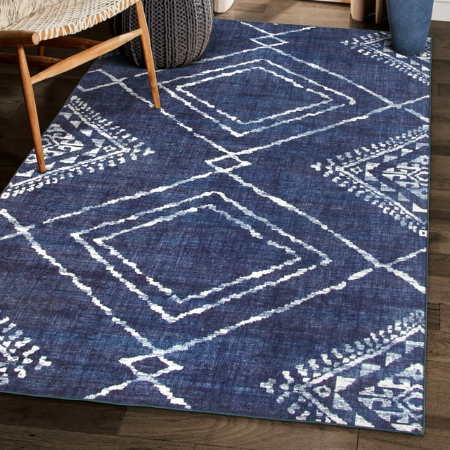 ReaLife Rugs Machine Washable Printed Moroccan Diamond Blue Ecofriendly Recycled Fiber Area
