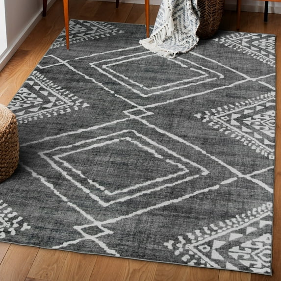 ReaLife Rugs Machine Washable Area Rug - Living Room Bedroom Bathroom Kitchen Entryway Office - Padded Low Pile Stain Resistant Premium - Moroccan Diamond Tribal - Jax - Gray 4' x 6'