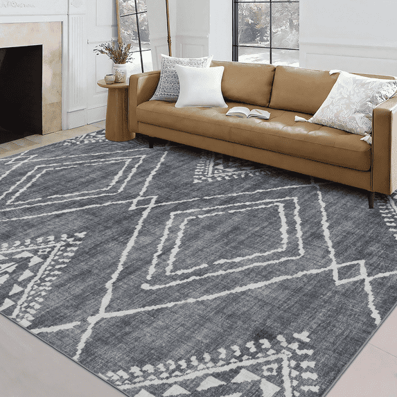 ReaLife Rugs Machine Washable Area Rug - Living Room Bedroom Bathroom Kitchen Entryway Office - Padded Low Pile Stain Resistant Premium - Moroccan Diamond Tribal - Jax - Gray 7'6" x 9'6"