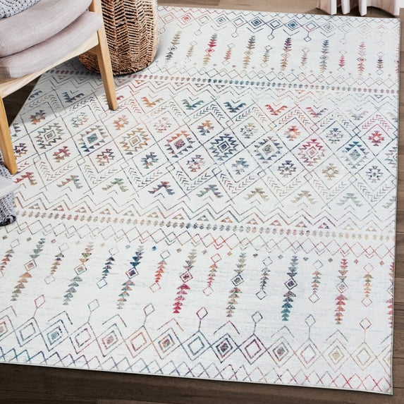 ReaLife Rugs Machine Washable Printed Moroccan Ivory Multi Eco-friendly Recycled Fiber Area Runner Rug (3' x 5')