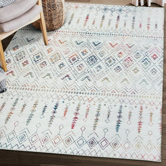 ReaLife Rugs Machine Washable Printed Moroccan Ivory Multi Eco-friendly Recycled Fiber Area Runner Rug (5' x 7')