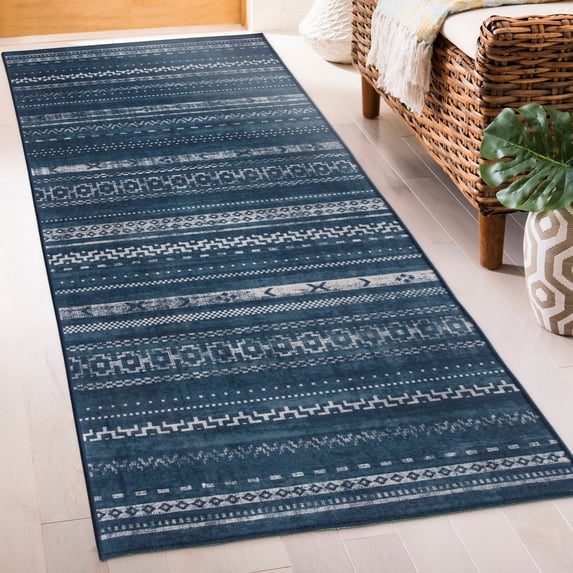 ReaLife Rugs Machine Washable Printed Moroccan Stripe Blue Eco-friendly Recycled Fiber Area Runner Rug (2'6" x 8')