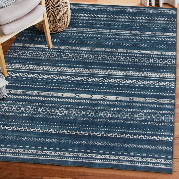 ReaLife Rugs Machine Washable Printed Moroccan Stripe Blue Eco-friendly Recycled Fiber Area Runner Rug (4' x 6')
