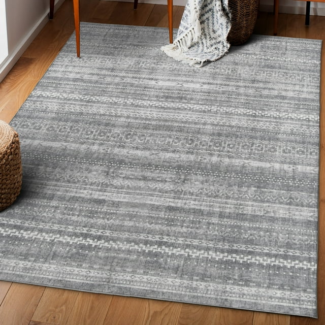 ReaLife Rugs Machine Washable Printed Moroccan Stripe Gray Ecofriendly Recycled Fiber Area