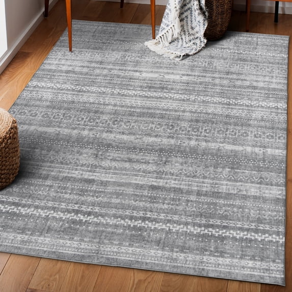 ReaLife Rugs Machine Washable Printed Moroccan Stripe Gray Eco-friendly Recycled Fiber Area Runner Rug (7'6" x 9'6")