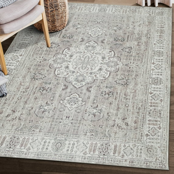 ReaLife Rugs Machine Washable Printed Persian Distressed Medallion Beige Eco-friendly Recycled Fiber Area Runner Rug (5' x 7')