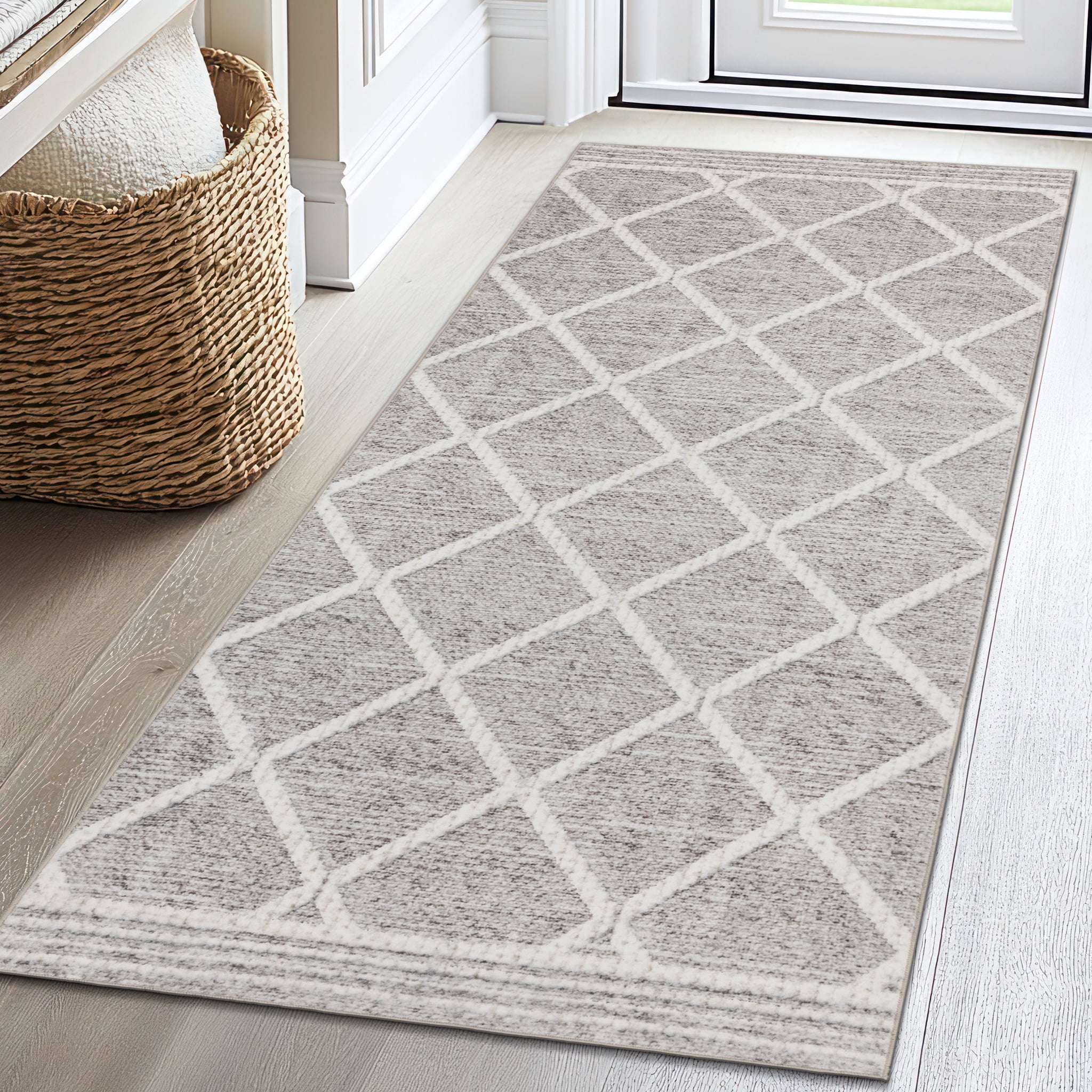 ReaLife Rugs Machine Washable Printed Tessa Modern Distressed Trellis Light Beige Ivory Eco-friendly Recycled Fiber Area Runner Rug (2'6" x 6')