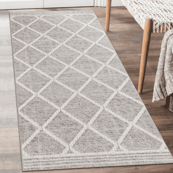 ReaLife Rugs Machine Washable Printed Tessa Modern Distressed Trellis Light Beige Ivory Eco-friendly Recycled Fiber Area Runner Rug (2'6" x 8')