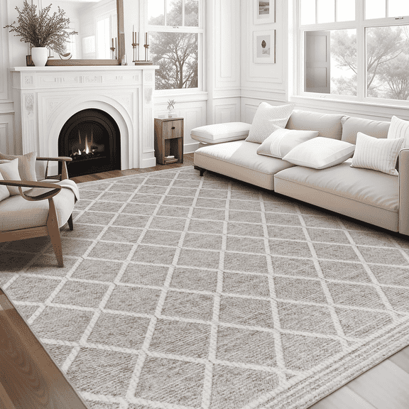 ReaLife Rugs Machine Washable Printed Tessa Modern Distressed Trellis Light Beige Ivory Eco-friendly Recycled Fiber Area Runner Rug (5' x 7')
